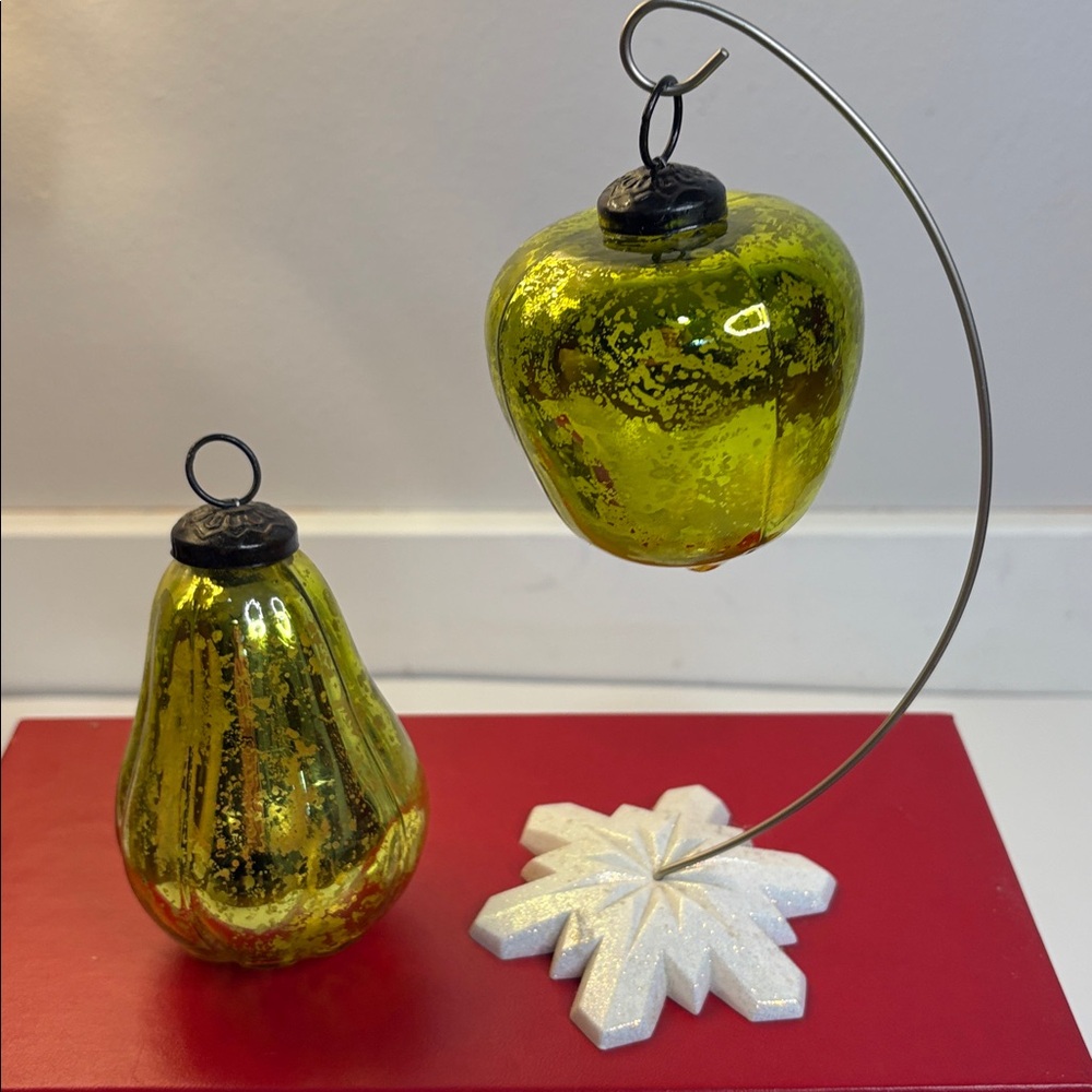 Green Glass 4 inch Pear & 3 inch Apple Christmas Ornaments Lot of 2 Vintage